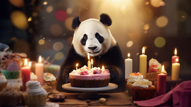 Um panda com um bolo e velas nele