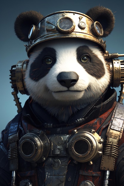 Foto um panda com um capacete e um capacete.