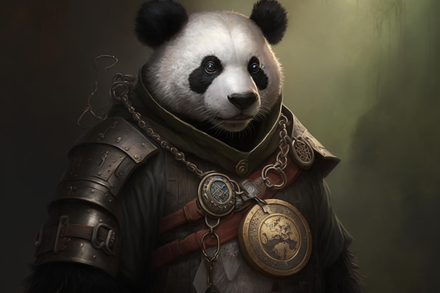 Um panda com um escudo no peito