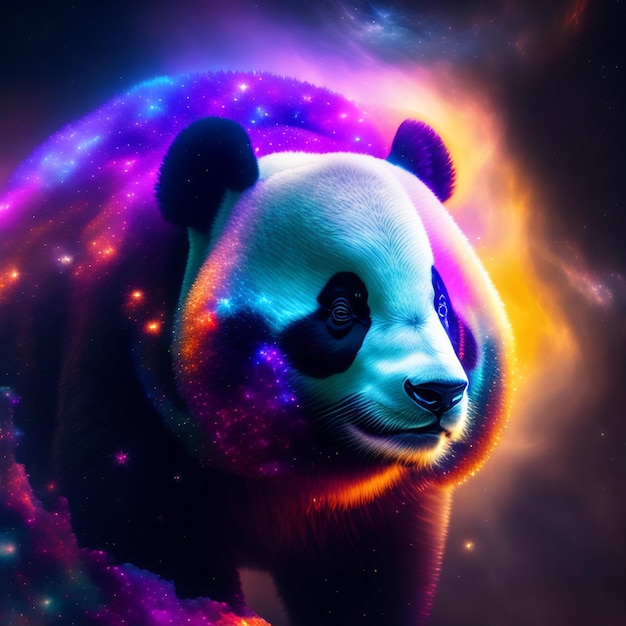 Um panda com um fundo roxo e a palavra panda nele.