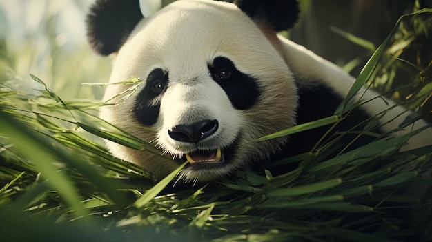 um panda comendo um pouco de grama