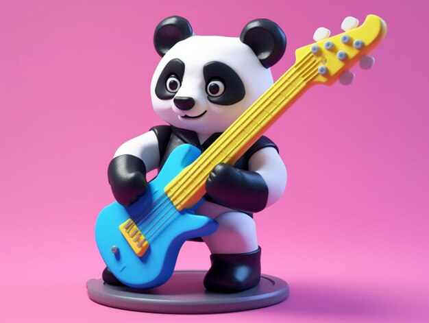 Foto um panda de brinquedo toca uma guitarra azul com fundo rosa.