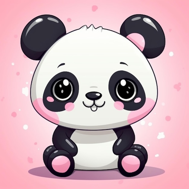 Um panda de desenho animado com olhos grandes senta-se em um fundo rosa.