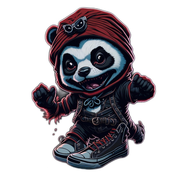 Um panda de desenho animado com um moletom vermelho e um moletom preto.