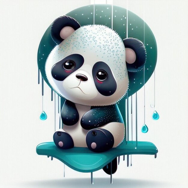 Um panda de desenho animado com um rosto triste senta-se em uma cadeira com gotas de água.