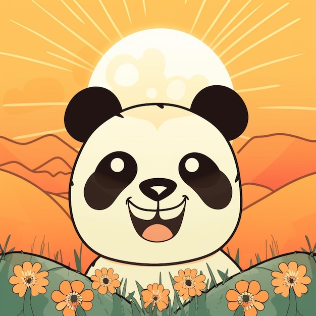 Um panda de desenho animado em um campo de flores.
