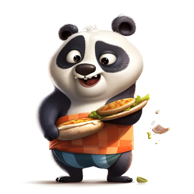 Um panda de desenho animado está comendo um hambúrguer com um panda nele.