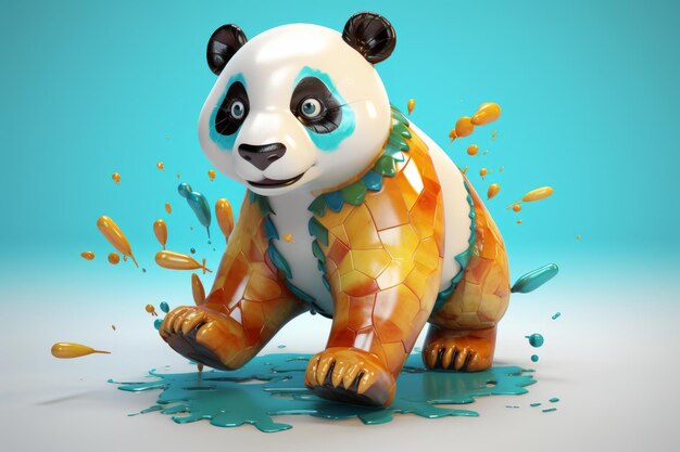 Um panda de desenho animado está parado em uma poça e está chovendo.