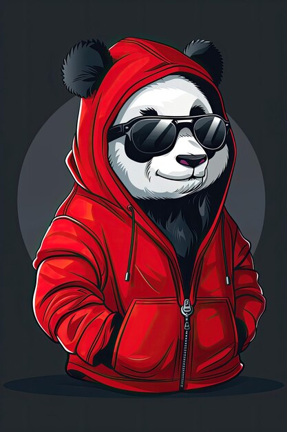 Um panda de desenho animado vestindo um capuz vermelho e óculos de sol