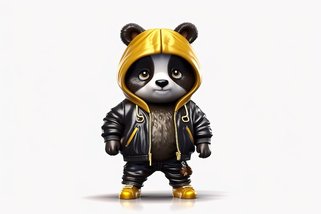 Um panda de desenho animado vestindo uma jaqueta dourada e um moletom.
