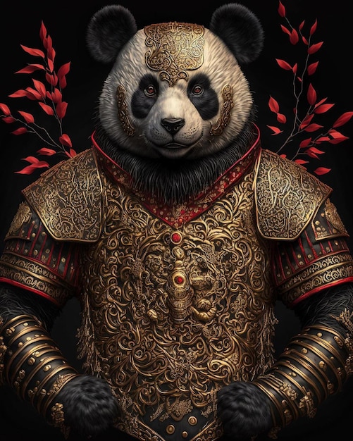 Um panda em uma armadura dourada