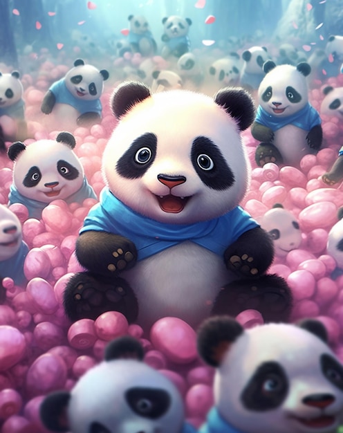 Um panda em uma bola de bolas rosa