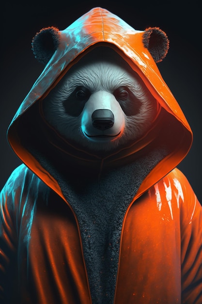 Um panda em uma jaqueta vermelha com um capuz que diz 'panda'