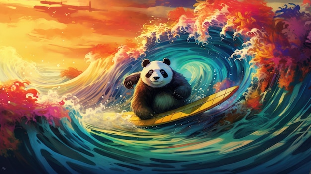 um panda em uma prancha de surf pega uma onda.