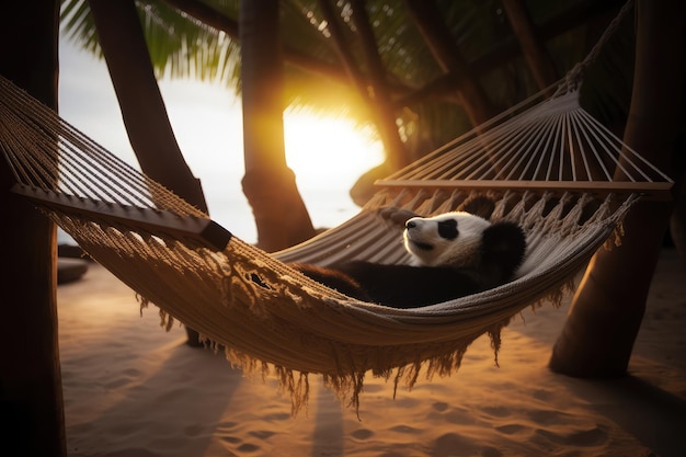 Um panda em uma rede na praia