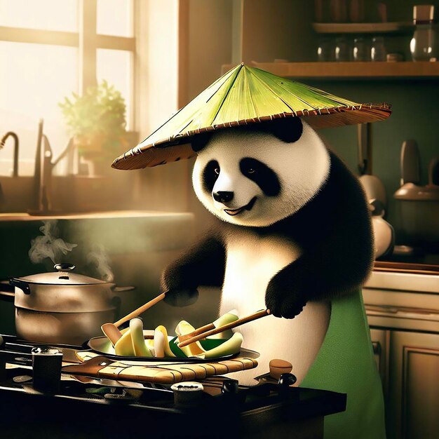 Um panda está cozinhando em uma cozinha com uma panela no fogão.