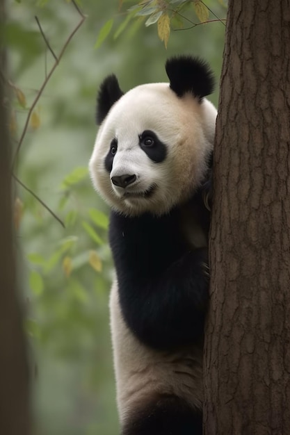 Um panda está empoleirado em uma árvore em um zoológico.