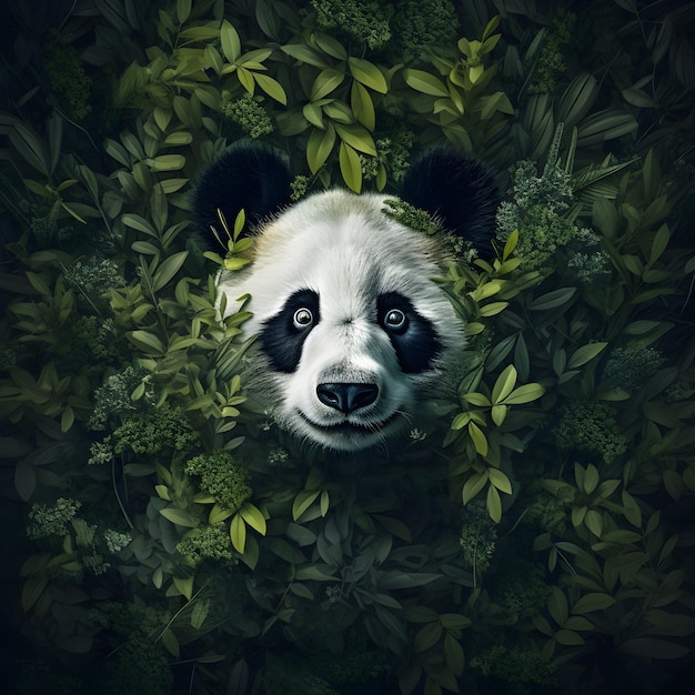 Um panda está nos arbustos e o fundo é escuro e tem o rosto preto.