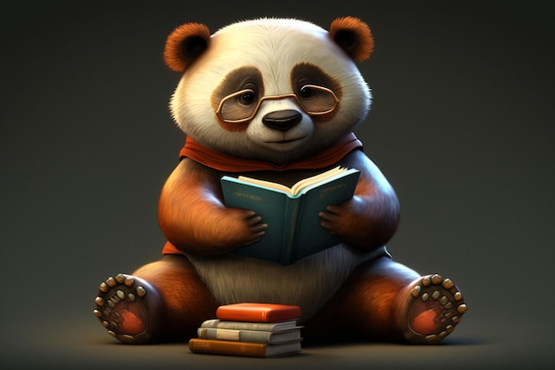 Um panda está sentado com um livro nas mãos.