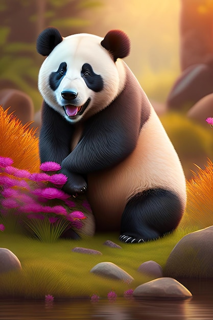 Um panda feliz e brincalhão no habitat natural Arte digital
