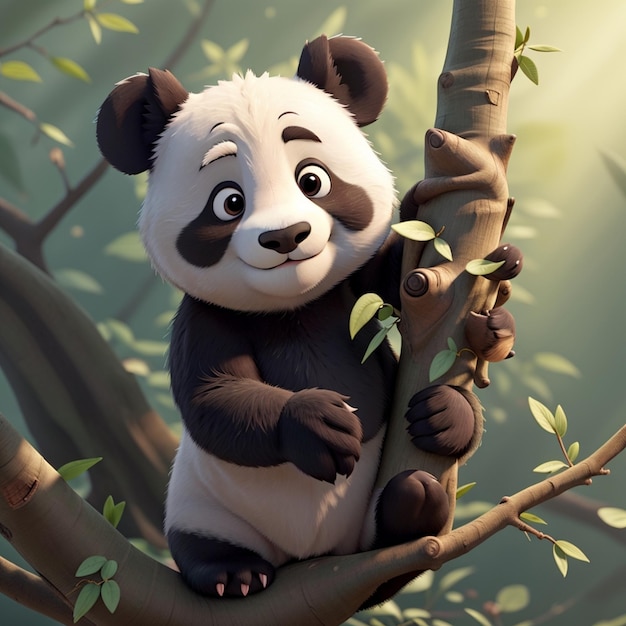 Um panda fofo em uma floresta verde e uma atmosfera natural Ele tem galhos na mão