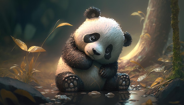 Um panda senta-se em uma poça com uma árvore ao fundo.