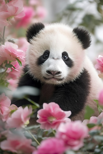 Um panda senta-se entre rosas em um campo de flores.