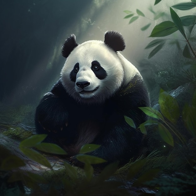 um panda senta-se na floresta na selva.