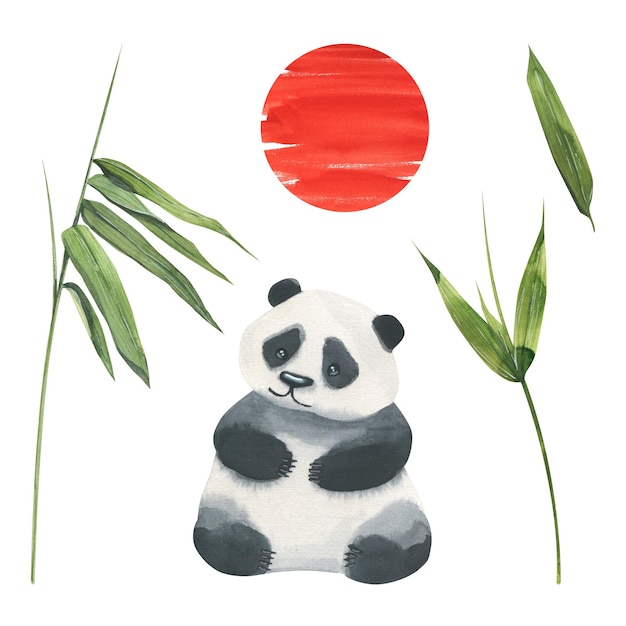 Um panda sentado com folhas de bambu e um sol oriental vermelho
