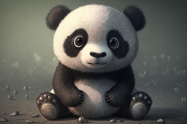 Um panda sentado no chão com um fundo preto e uma imagem em preto e branco de um panda.