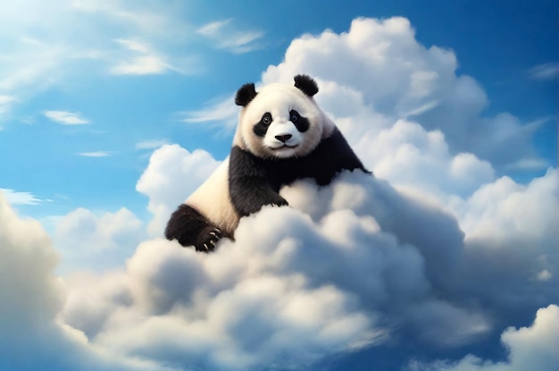 Um panda sentado numa nuvem.