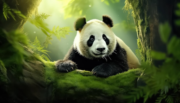 Um panda solitário vive na natureza.