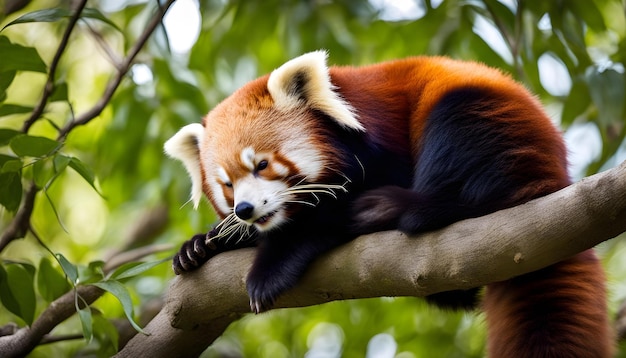 um panda vermelho dormindo em um galho de árvore com o sol brilhando em seu rosto