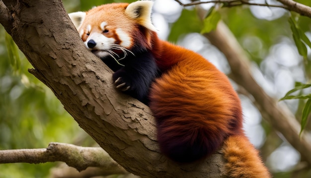 um panda vermelho dormindo em um galho de árvore