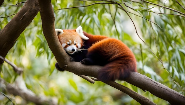 um panda vermelho dormindo em um galho de árvore