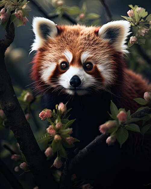 um panda vermelho está sentado em uma árvore com flores