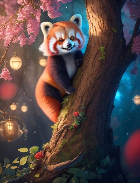 Um panda vermelho travesso empoleirado no topo de uma árvore encantada vibrante sua pele meticulosamente