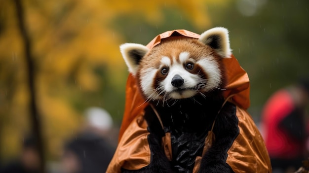 um panda vermelho vestindo uma capa de chuva