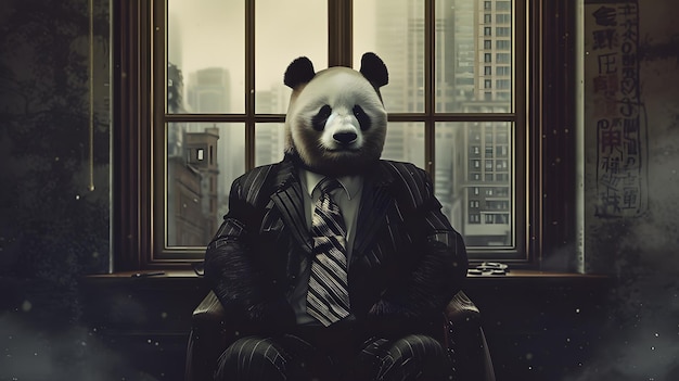 Um panda vestido de empresário senta-se em frente a uma janela