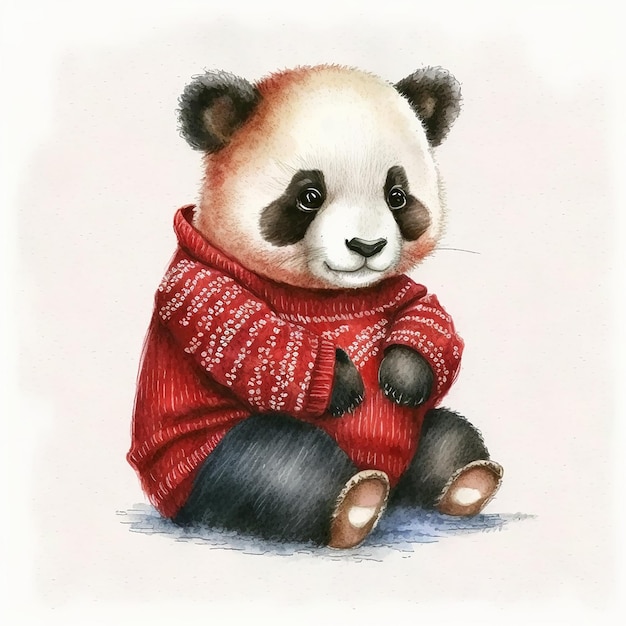 Um panda vestindo uma camisola vermelha O panda está de pé na neve com bagas em torno dele