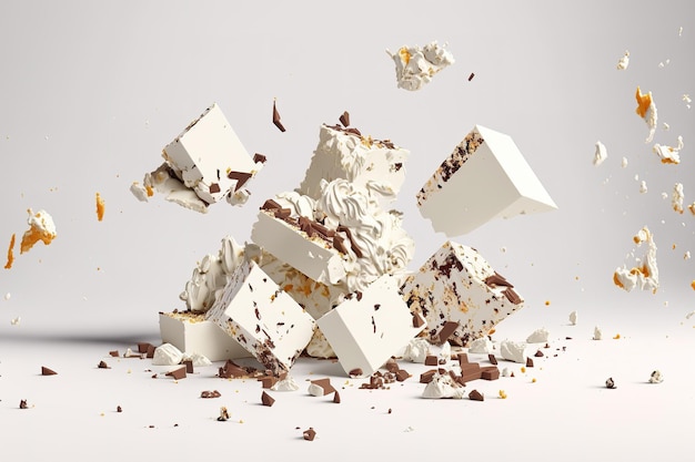 Um pano de fundo branco com pedaços de nougat isolados