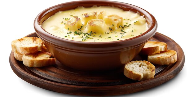 Um pano de fundo branco retrata um fondue de queijo com gotejamentos fluindo de uma frigideira de ferro fundido de tamanho médio item de comida quente e espaço IA geradora