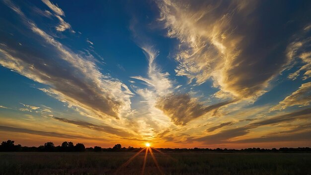 Um panorama impressionante de um pôr-do-sol vibrante com raios de sol radiantes