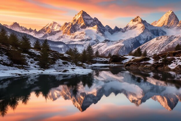 Foto um panorama montanhoso na hora dourada com picos cobertos de neve e um lago alpino cristalino