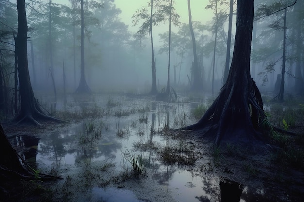 um pântano envolto em névoa com sons misteriosos que emanam gerados por IA