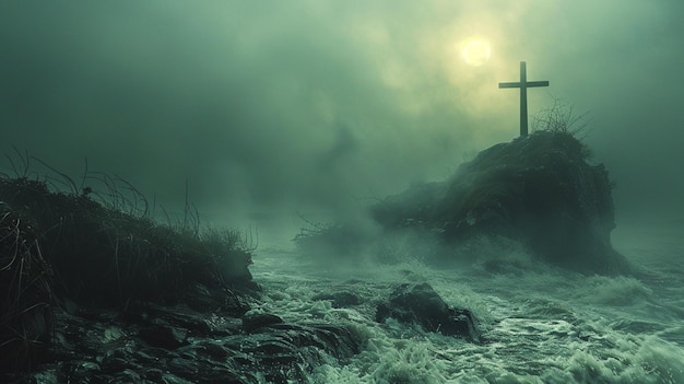 Um pântano nebuloso com uma cruz saindo do nevoeiro