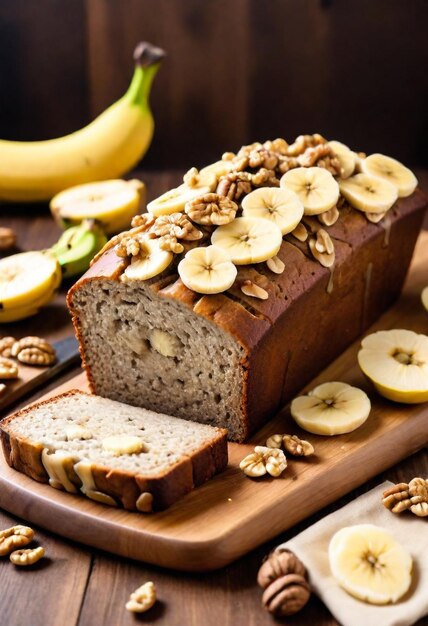 um pão com bananas e bananas em uma tábua de corte