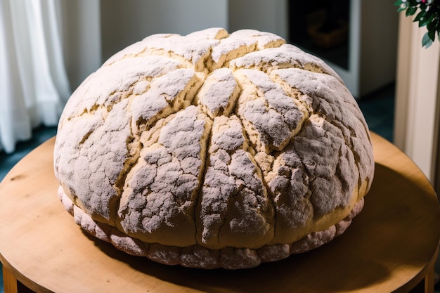 Um pão com uma crosta está sobre uma mesa.