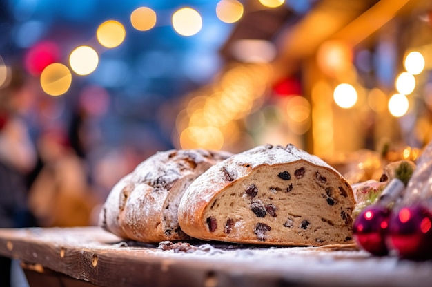 Um pão de frutas Stollen alemão com um alegre mercado de Natal suavemente fora de foco no fundo