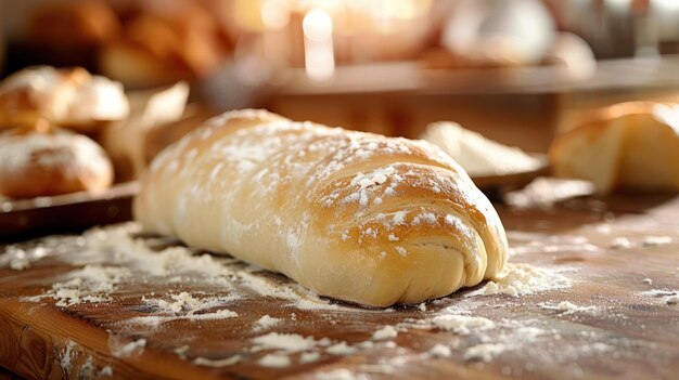 Um pão é colocado em cima de uma tábua de corte de madeira O pão parece fresco e pronto